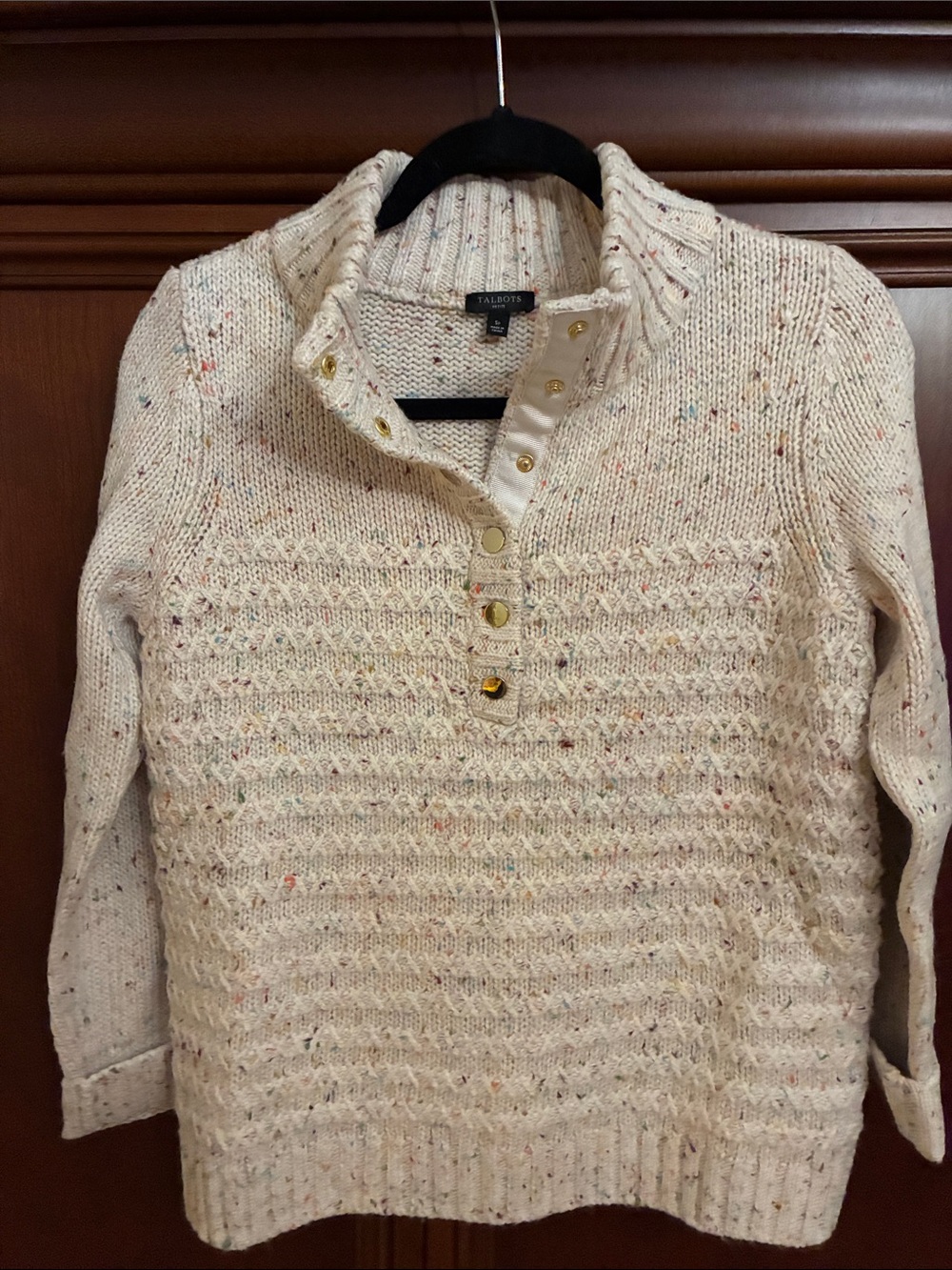 Talbots Cream Speckled Cable-Knit Funnel-Button Sweater